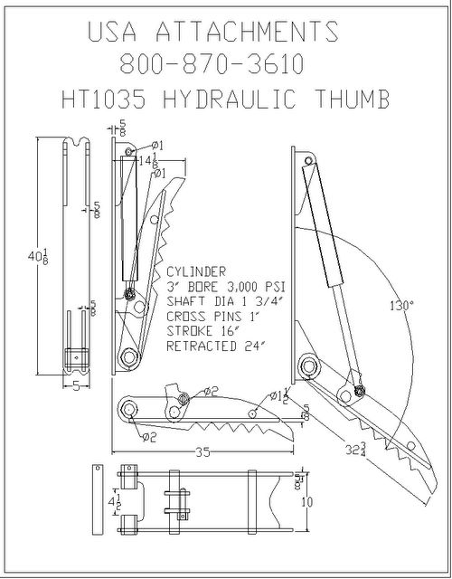USA ATTACHMENTS 800-870-3610 HT 1035 HYDRAULIC THUMB CYLINDER 3" BORE 3,000 PSI SHAFT DIA 1 3/4" CROSS PINS 1" STROKE 16" RETRACTED 24"