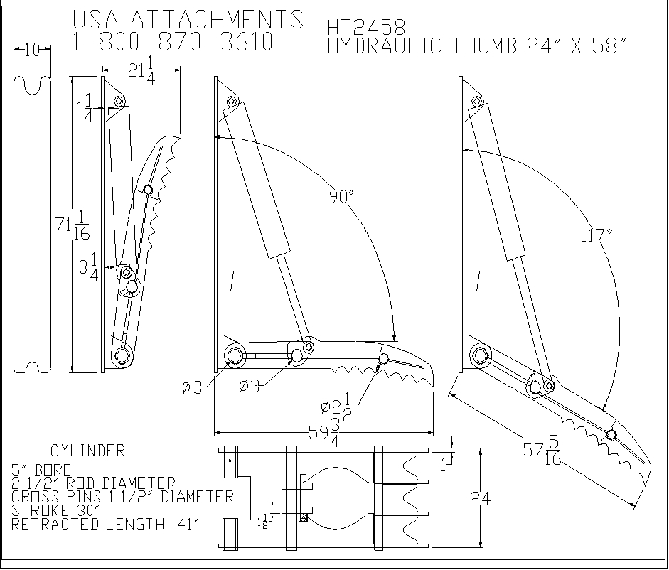 USA Attachments 1-800-870-3610
 HT2458 Hydraulic Thumb 24