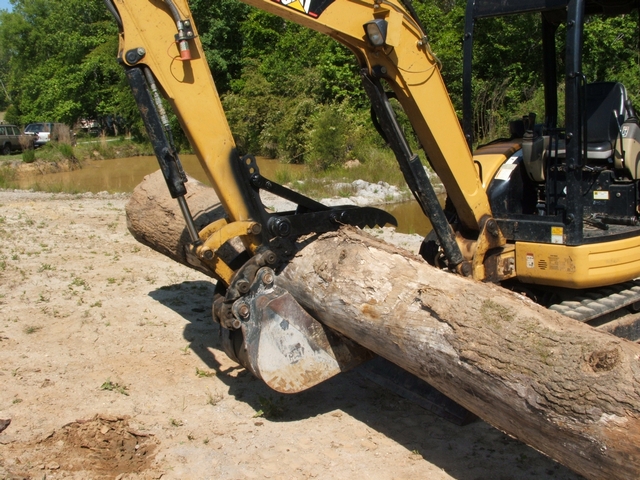 CAT 303 CR With mt830 excavator thumb picks up a log