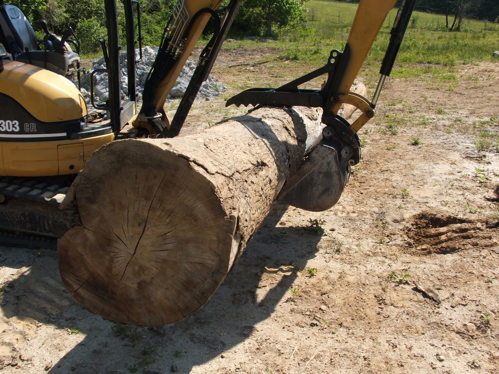 CAT mini excavator with thumb grasps log