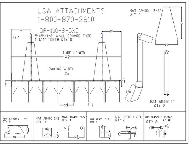 DR-100-8-5x5 Dozer Root Rake Line Drawing