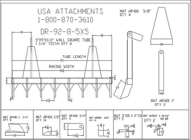DR-92-8-5X5 Dozer Rake Line Drawing