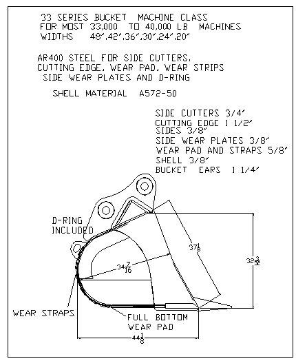 33 SERIES EXCAVATOR BUCKET MACHINE CLASS FOR MOST 33,000 TO 40,000 LB MACHINES WIDTHS 48",42',36",30",24",20" AR400 STEEL FOR SIDE CUTTERS, CUTTING EDGE, WEAR PAD, WEAR STRIPS SIDE WEAR PLATES AND D - RING SHELL MATERIAL A - 572-50 SIDE CUTTERS 3/4' CUTTING EDGE 1 1/2" SIDES 3/8" SIDE WEAR PLATES 3/8" WEAR PAD AND STRAPS 5/8' SHELL 3/8" BUCKET EARS 1 1/4"