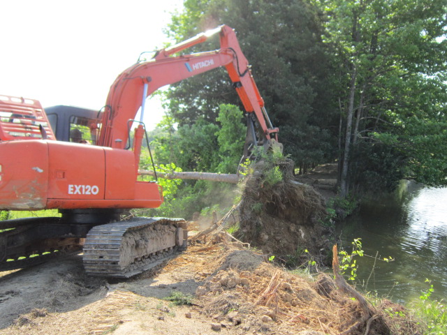 Hitachi ex120 excavator with mt1850 thumb removing a tree